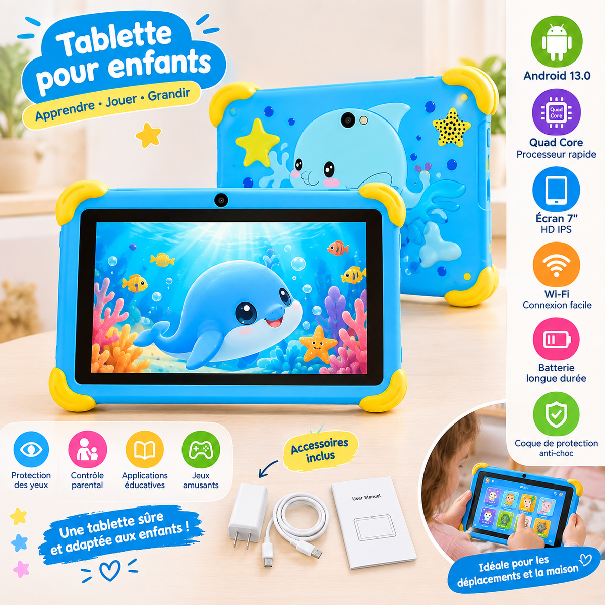 Tablette Enfant 7 Pouces Android 13 – Coque Anti-Choc