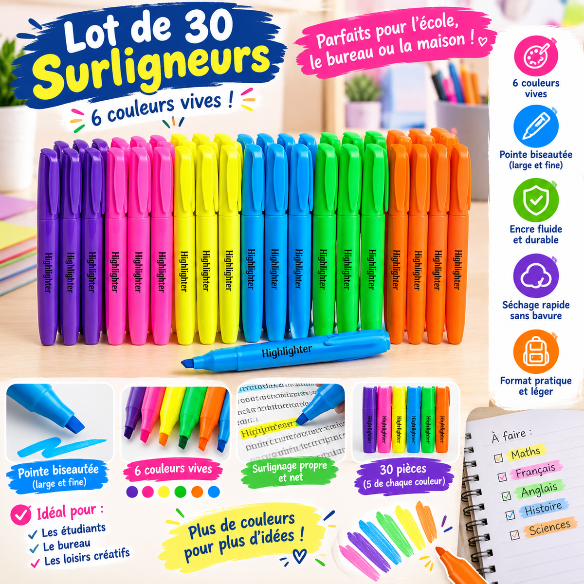 Lot de 30 Surligneurs Fluorescents – 6 Couleurs Vives