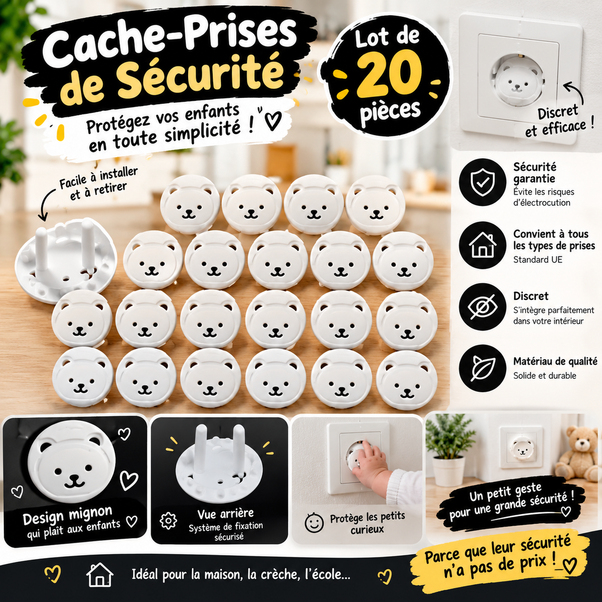 Lot de 20 Cache-Prises de Sécurité Enfant – Protection pour Prises Électriques