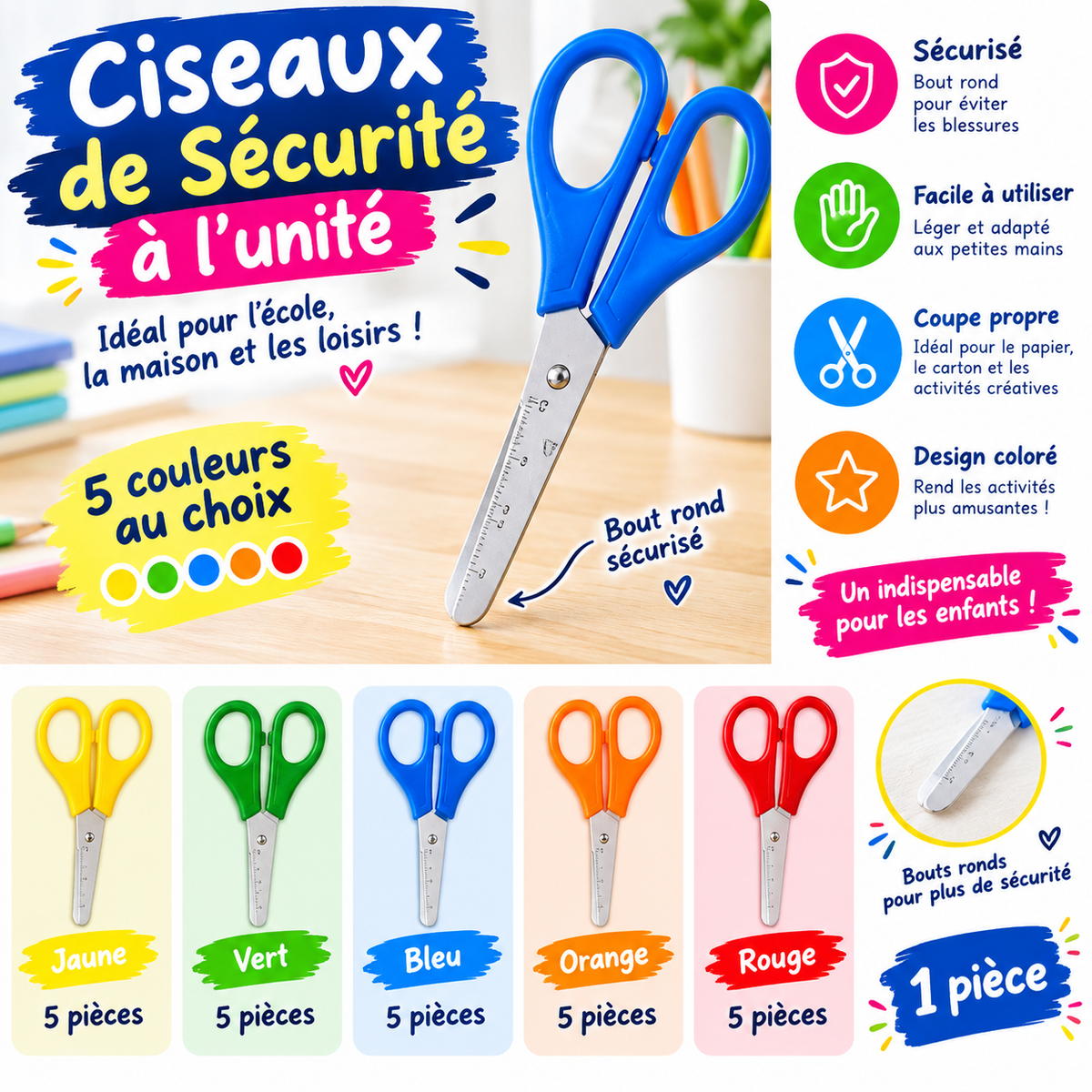 Ciseaux de Sécurité à l’Unité – 5 Couleurs au Choix