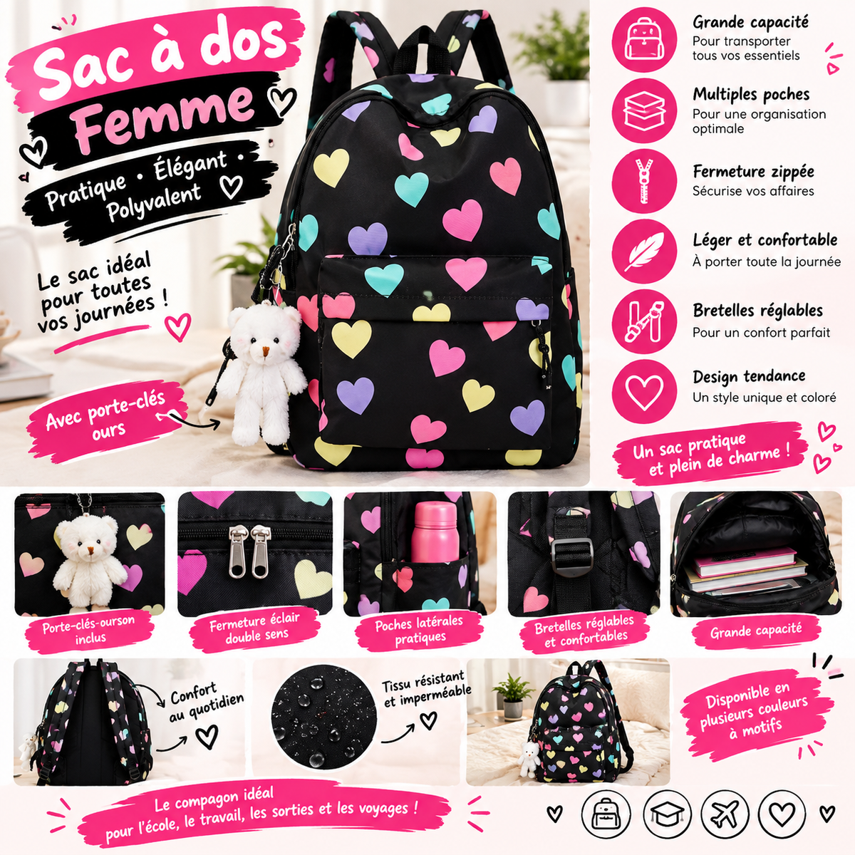 Sac à Dos Femme à Cœurs Colorés – Grande Capacité avec Porte-Clés Ours