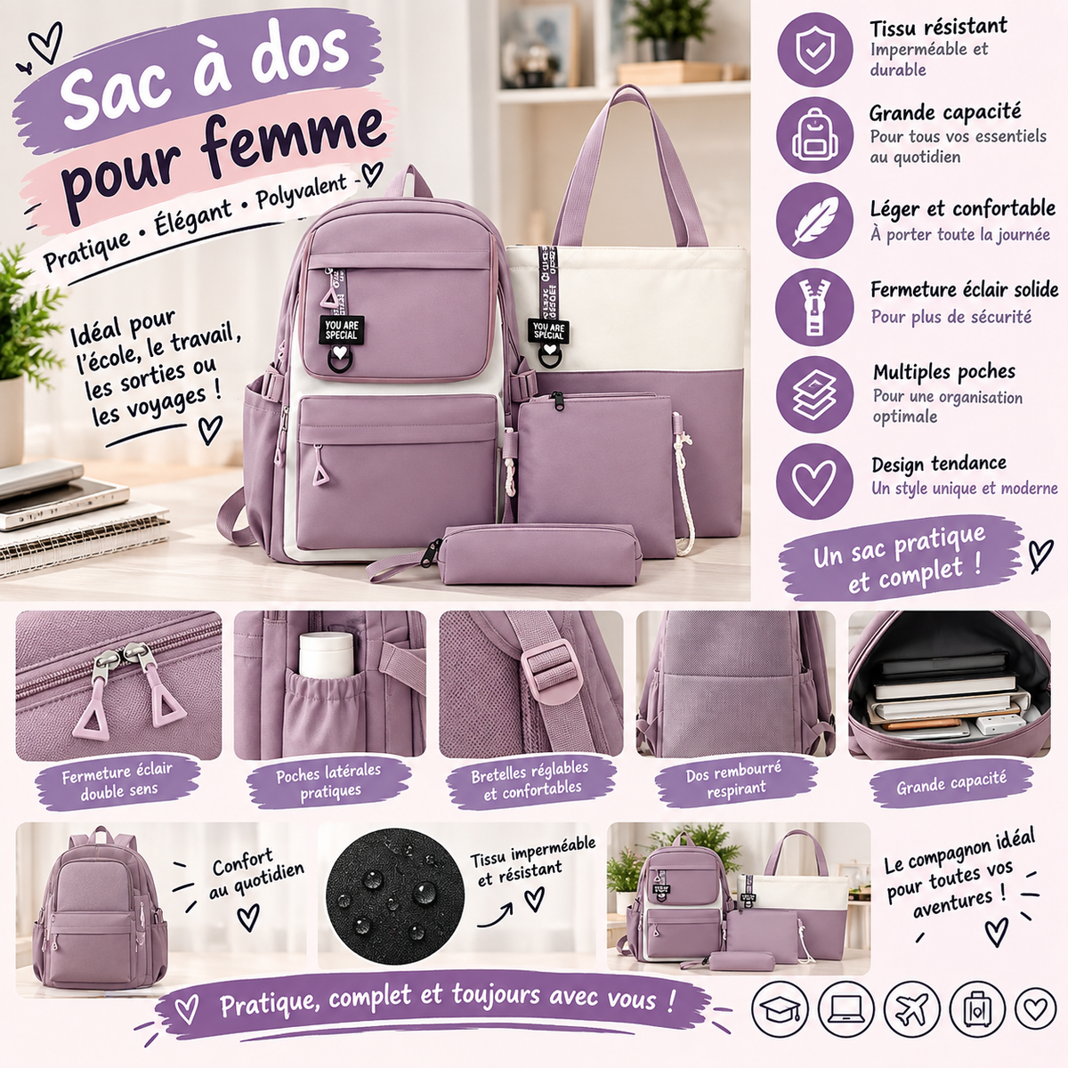 Sac à Dos Femme 4 Pièces – Grande Capacité avec Sac Cabas et Trousse