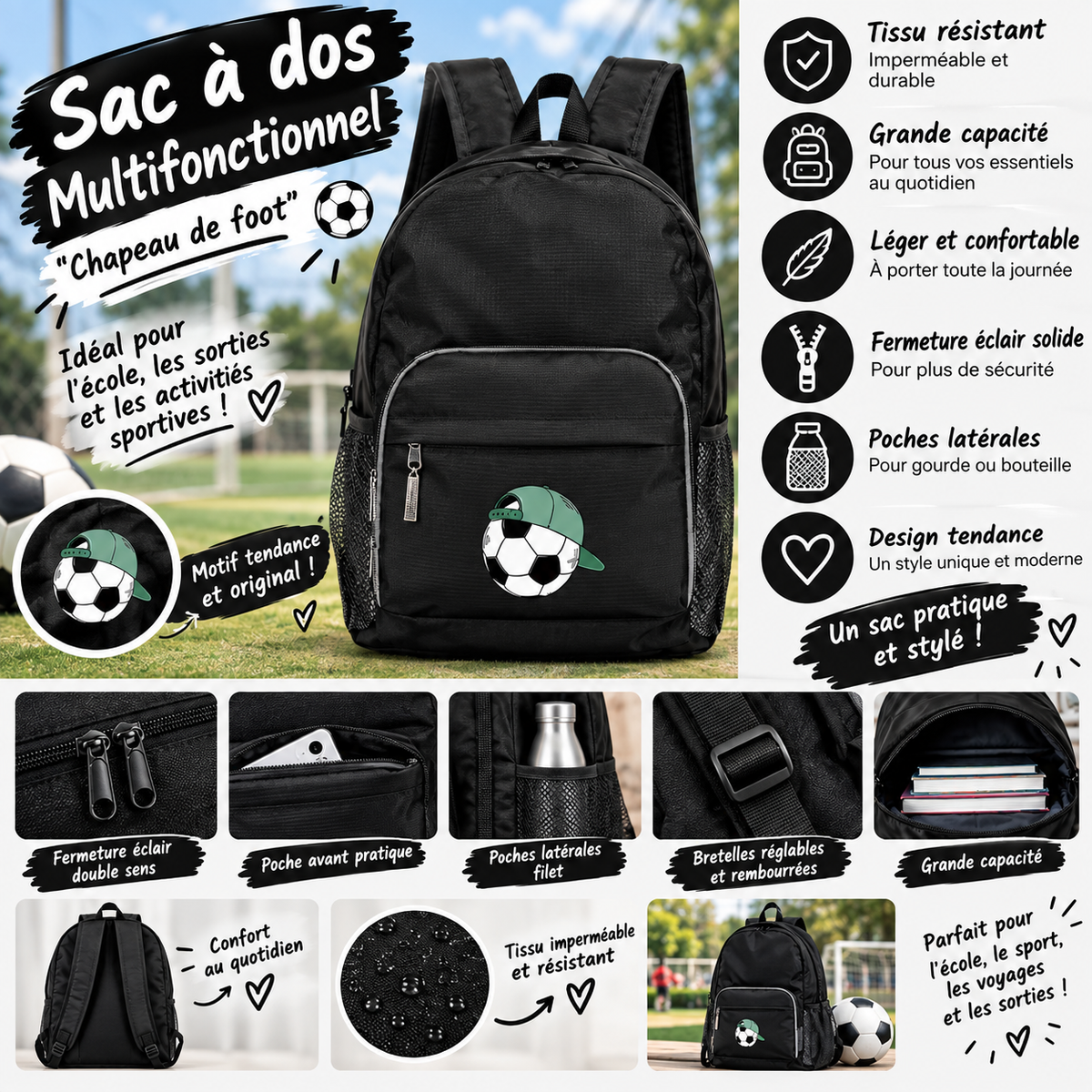 Sac à Dos Enfant Sport – Motif Football “Chapeau de Foot”