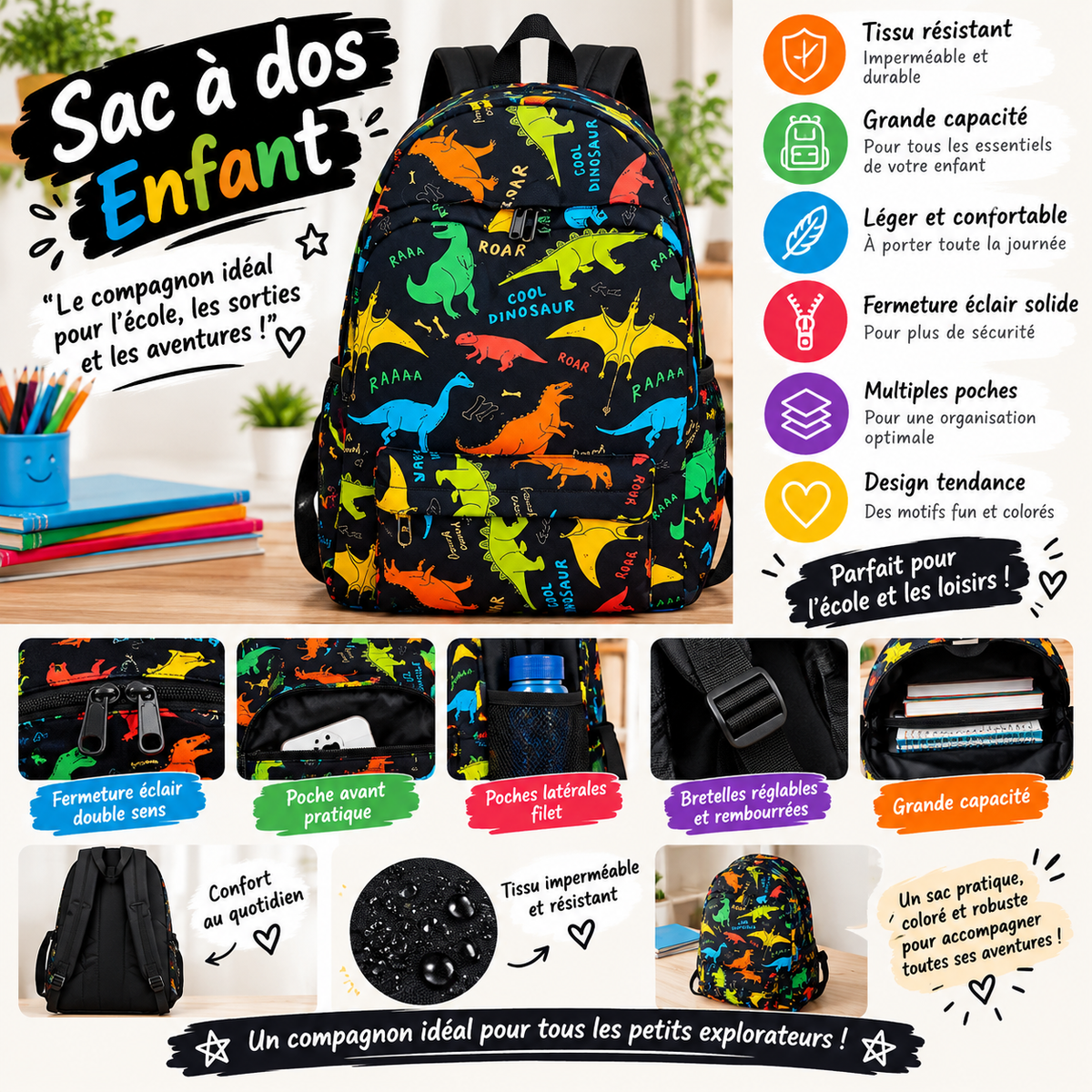 Sac à Dos Enfant Dinosaures – Grande Capacité, Tendance et Pratique