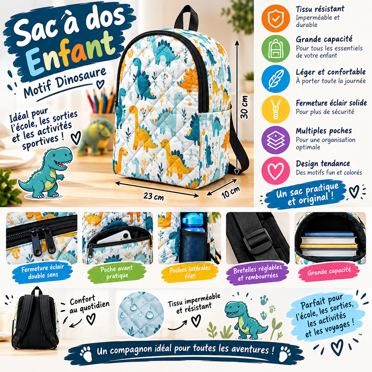 Sac à Dos Enfant Dinosaures – Motif Coloré, Léger et Pratique