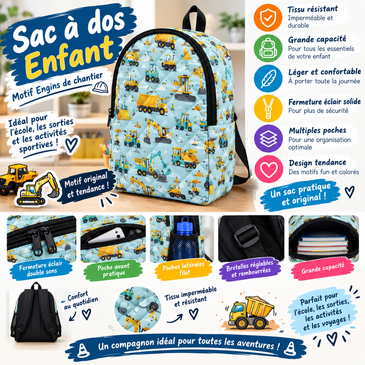 Sac à Dos Enfant Engins de Chantier – Motif Camions et Pelleteuses