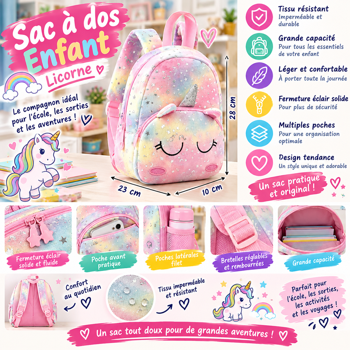 Sac à Dos Enfant Licorne – Motif Étoiles et Lune, Pratique et Tendance