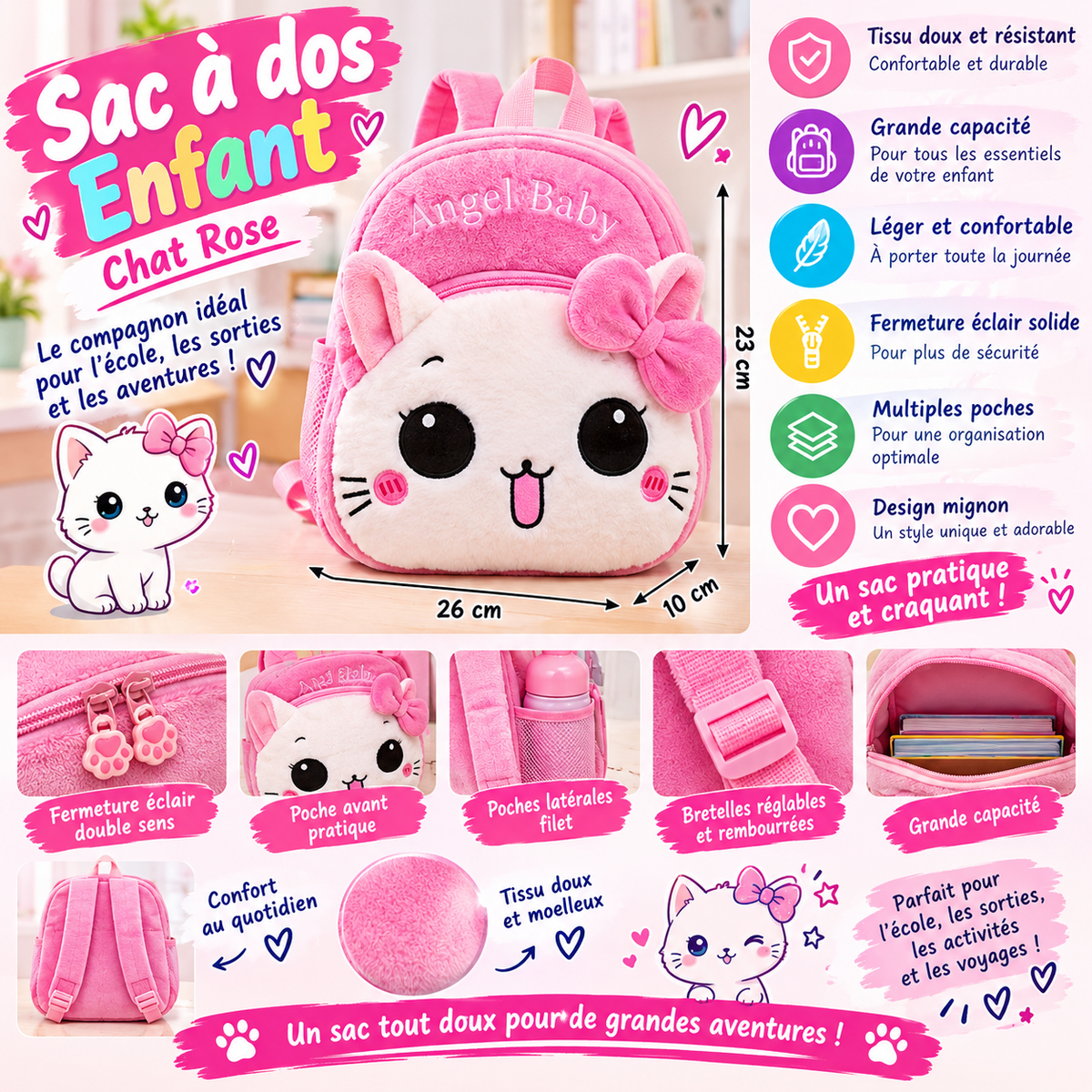 Sac à Dos Enfant Chat Rose en Peluche – Mignon et Confortable