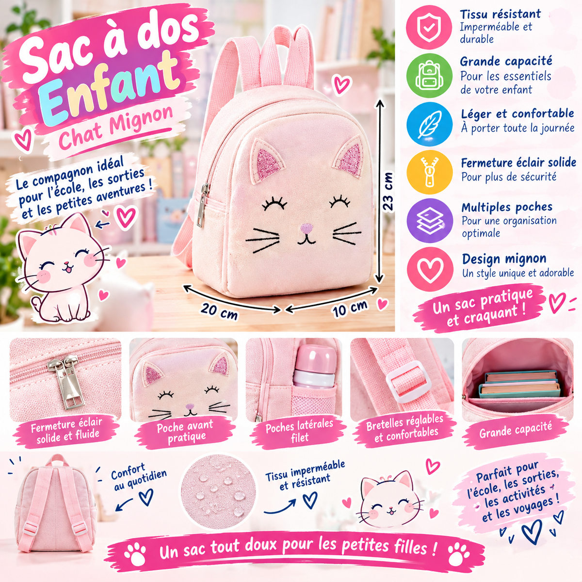 Mini Sac à Dos Enfant Chat Rose – Mignon et Pratique