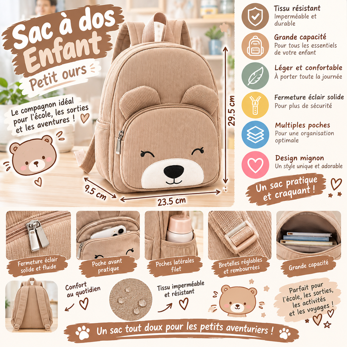 Sac à Dos Enfant Petit Ours – Marron, Mignon et Pratique