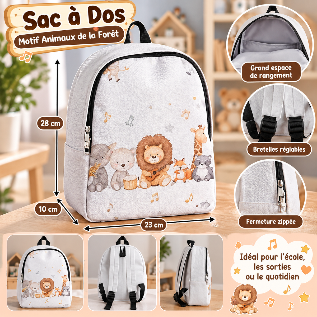 Sac à dos enfant – Motif animaux de la forêt
