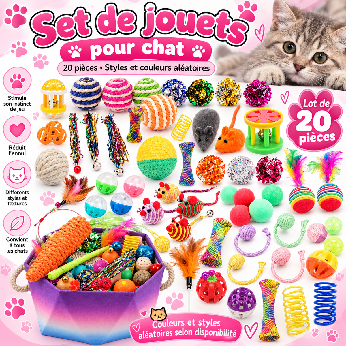 Set de 20 jouets pour chat – Lot de jouets colorés