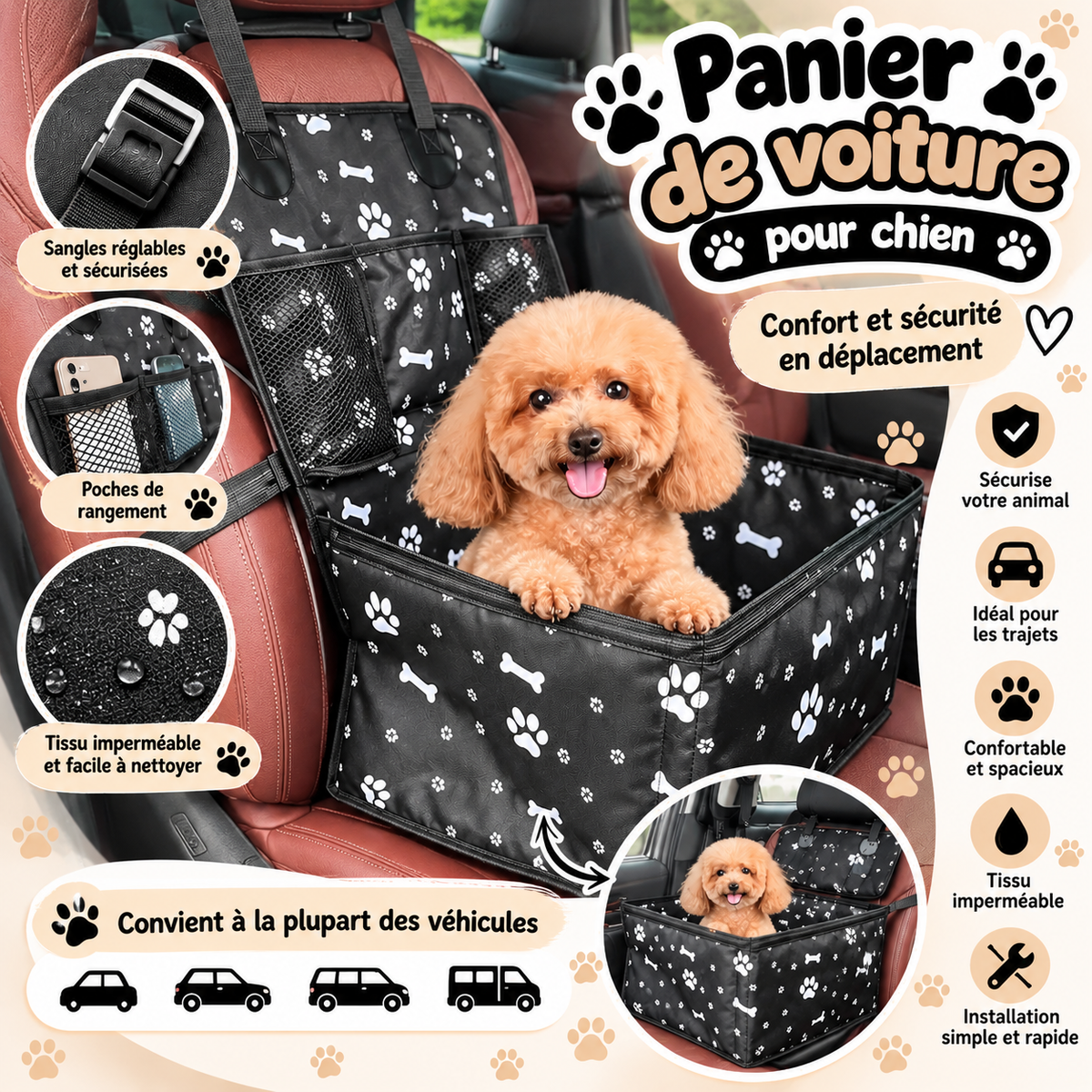 Panier de voiture pour chien – Siège de transport confortable