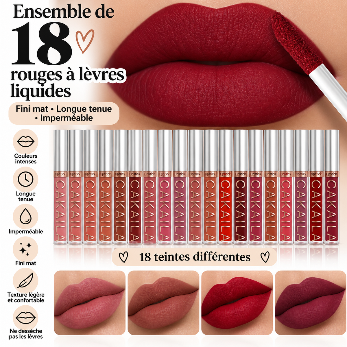 Lot de 18 rouges à lèvres liquides – Fini mat longue tenue
