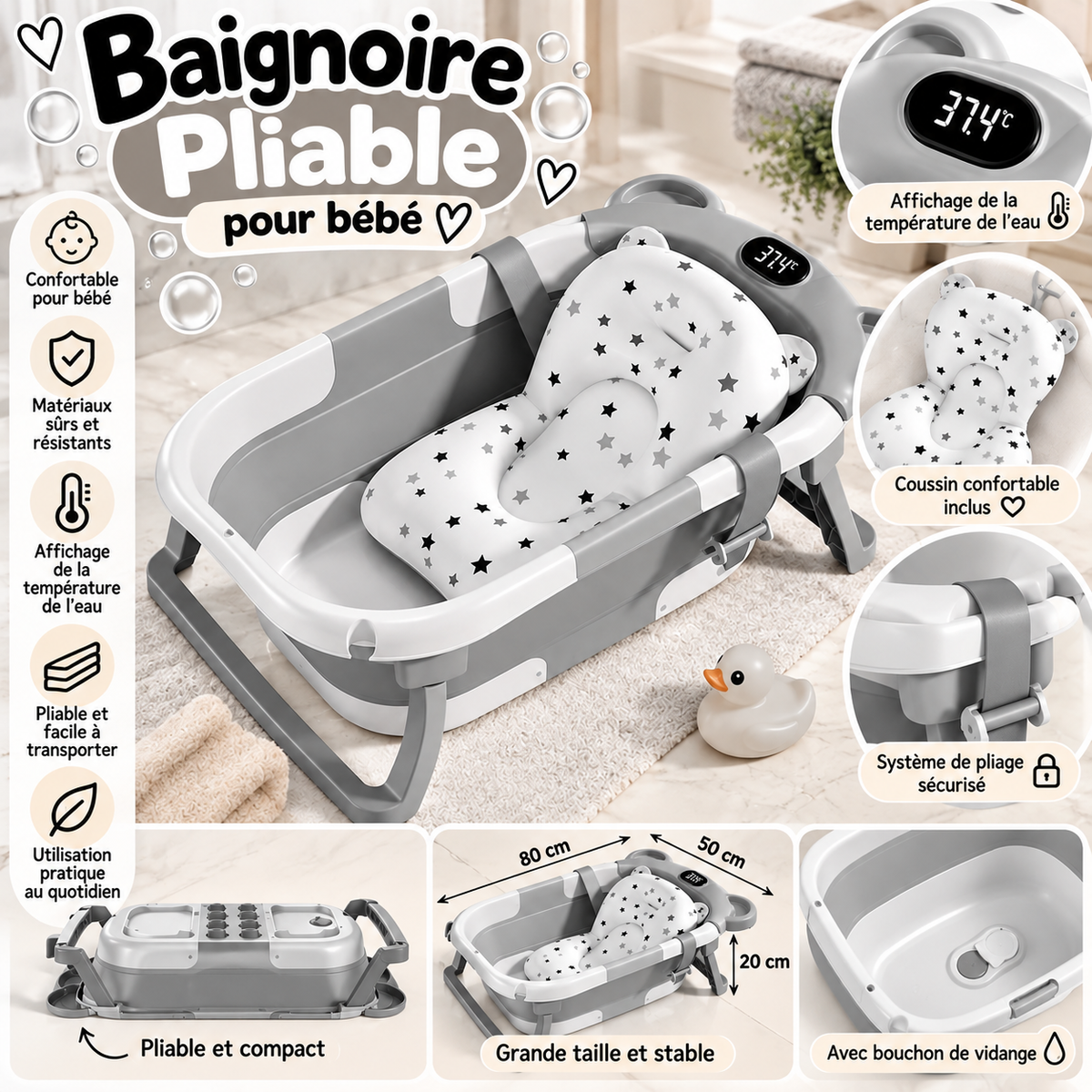 Baignoire pliable pour bébé – Avec affichage de température