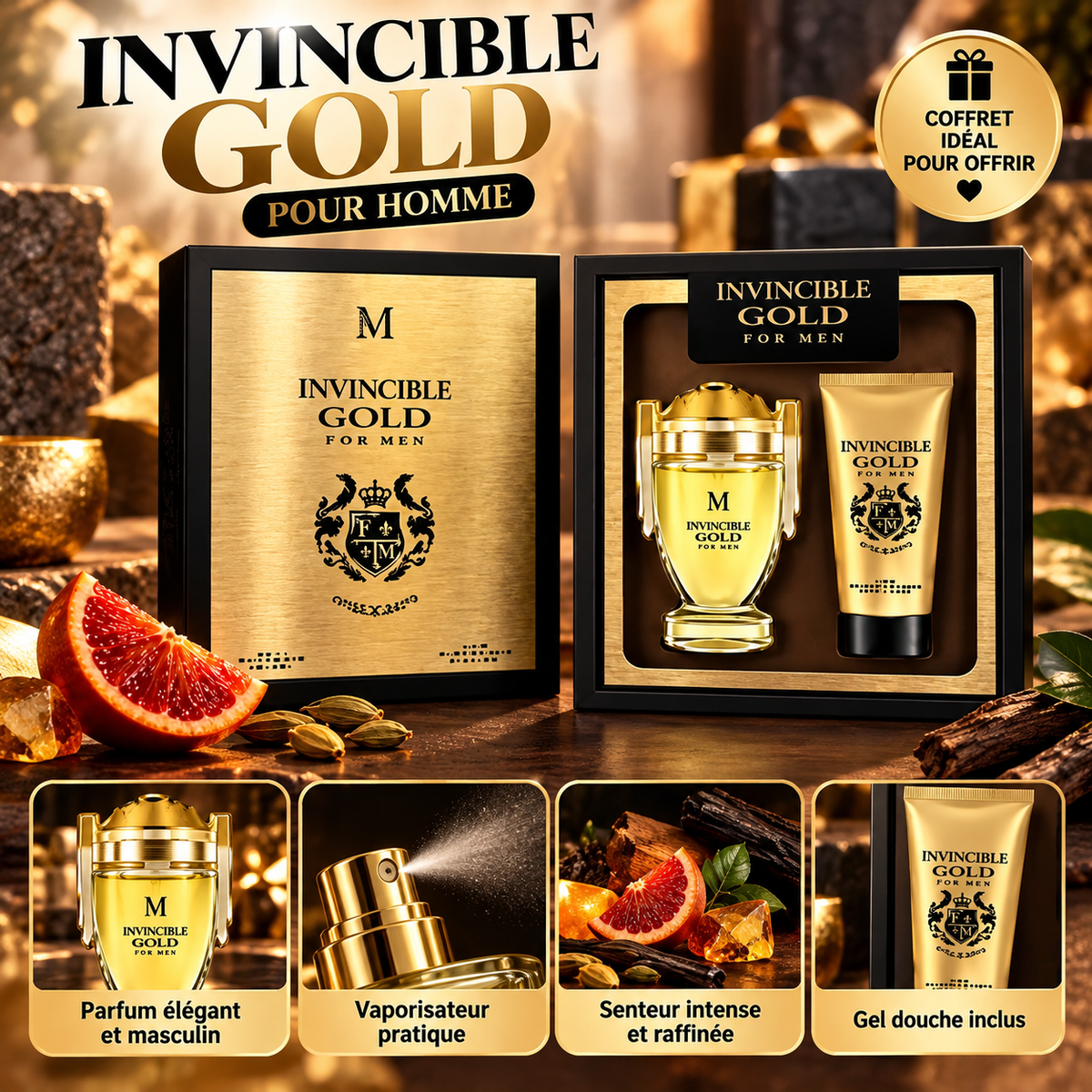 Coffret parfum Invincible Gold pour homme – 50 ml + gel douche