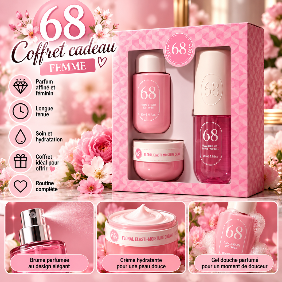 Coffret cadeau 68 pour femme – Brume, crème & gel douche
