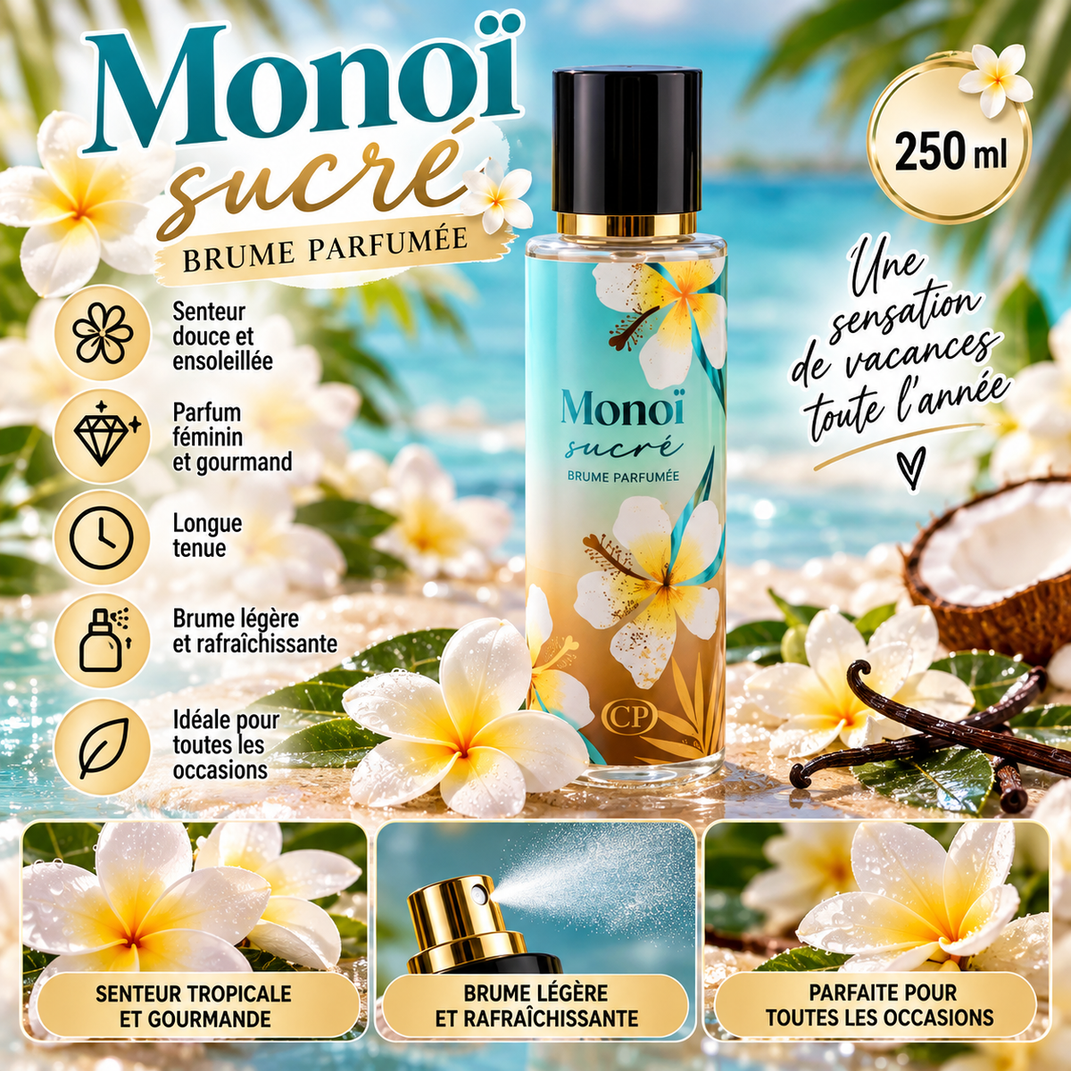 Brume parfumée Monoï Sucré 250 ml – Senteur exotique
