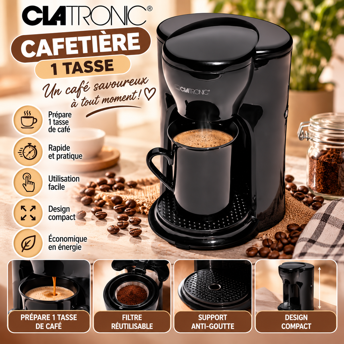 Cafetière 1 tasse Clatronic – Compacte et pratique