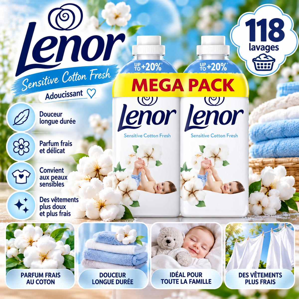 Lenor Sensitive Cotton Fresh – Adoucissant Mega Pack 118 lavages