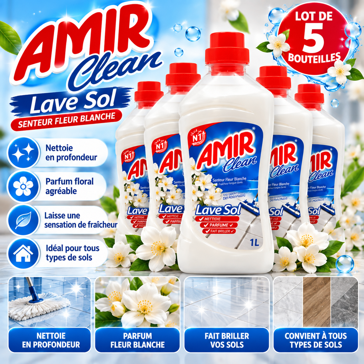 Amir Clean Lave Sol – Lot de 5 bouteilles 1 L