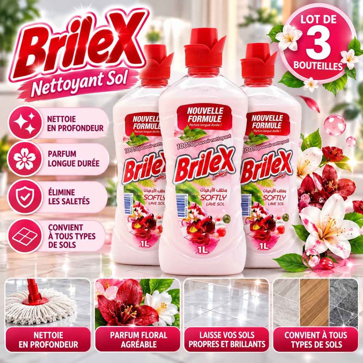 BrileX Nettoyant Sol – Lot de 3 bouteilles 1 L