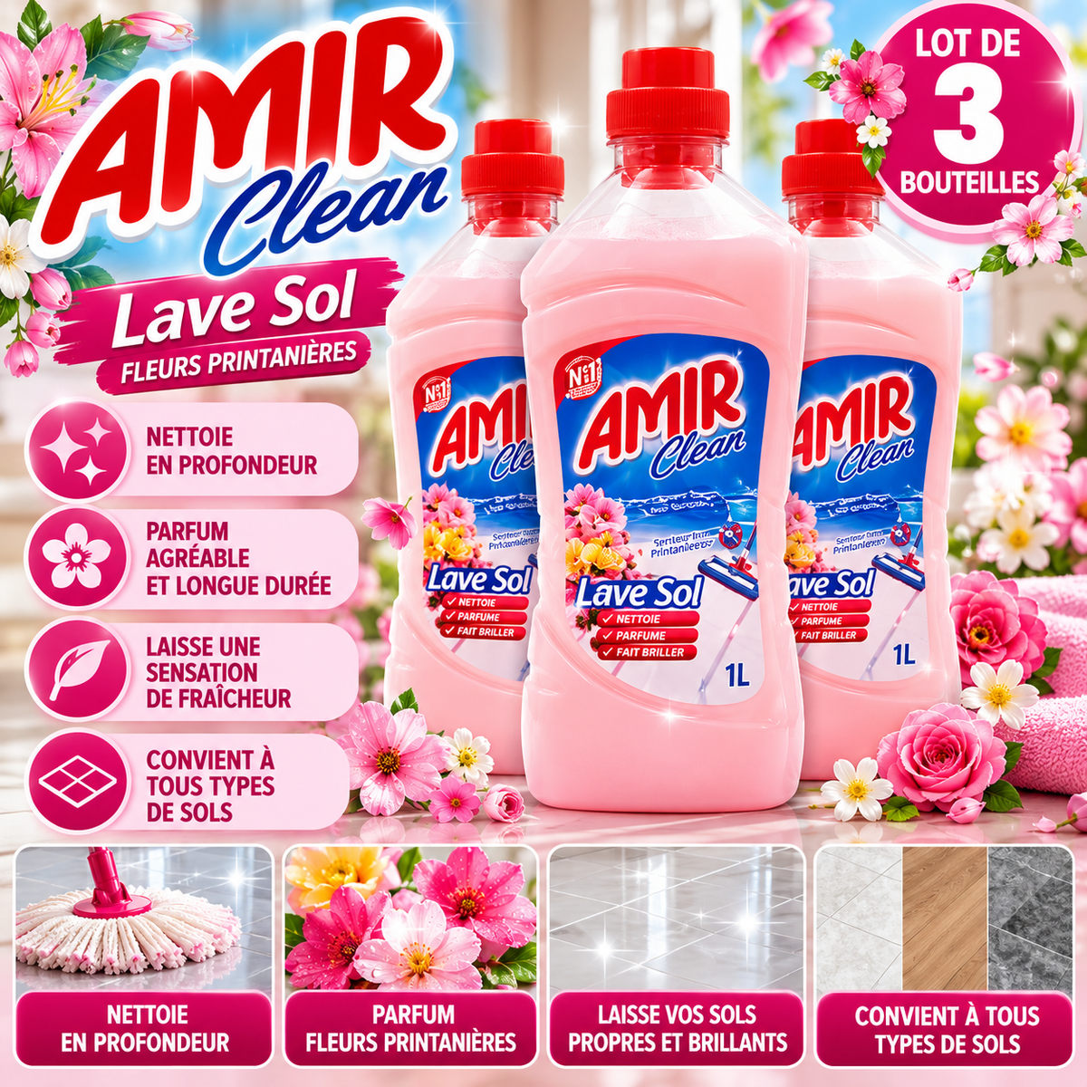 Amir Clean Lave Sol Fleurs Printanières – Lot de 3 × 1 L