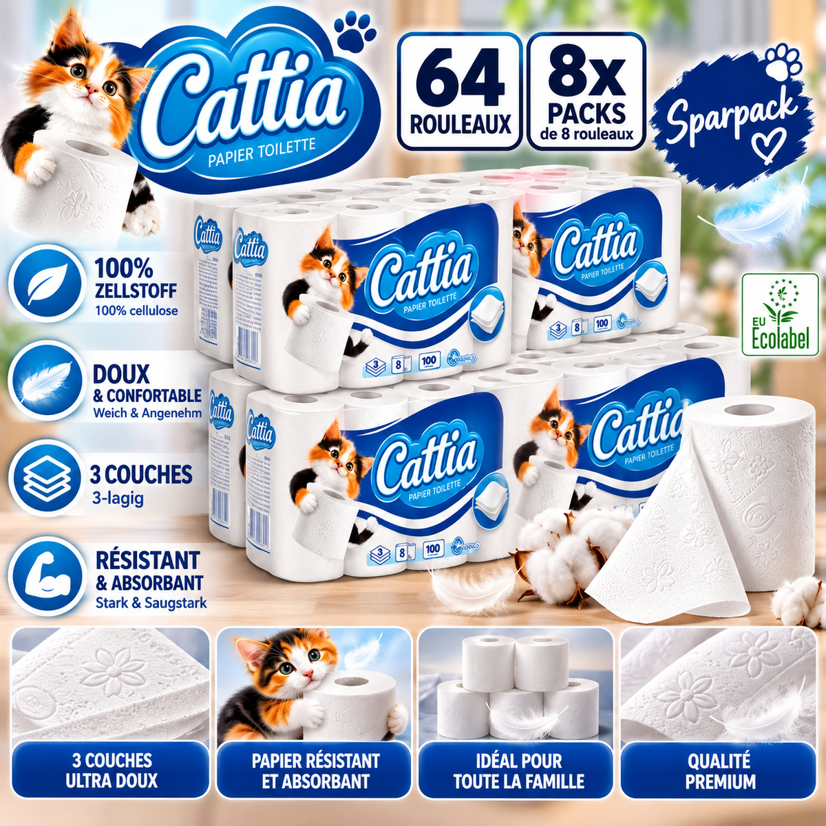 🧻 Papier toilette Cattia – Lot de 64 rouleaux