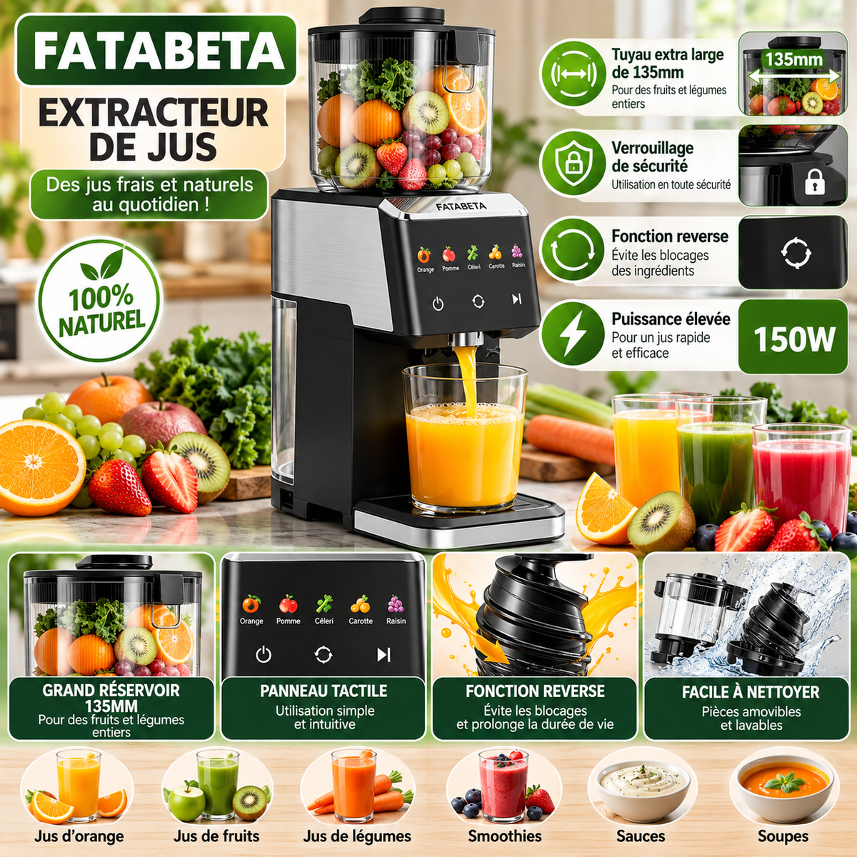 Extracteur de jus FATABETA – 150W avec large ouverture 135 mm