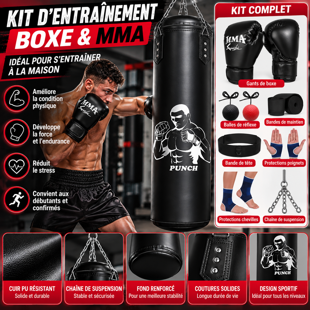 Kit complet de boxe & MMA – Sac de frappe et accessoires