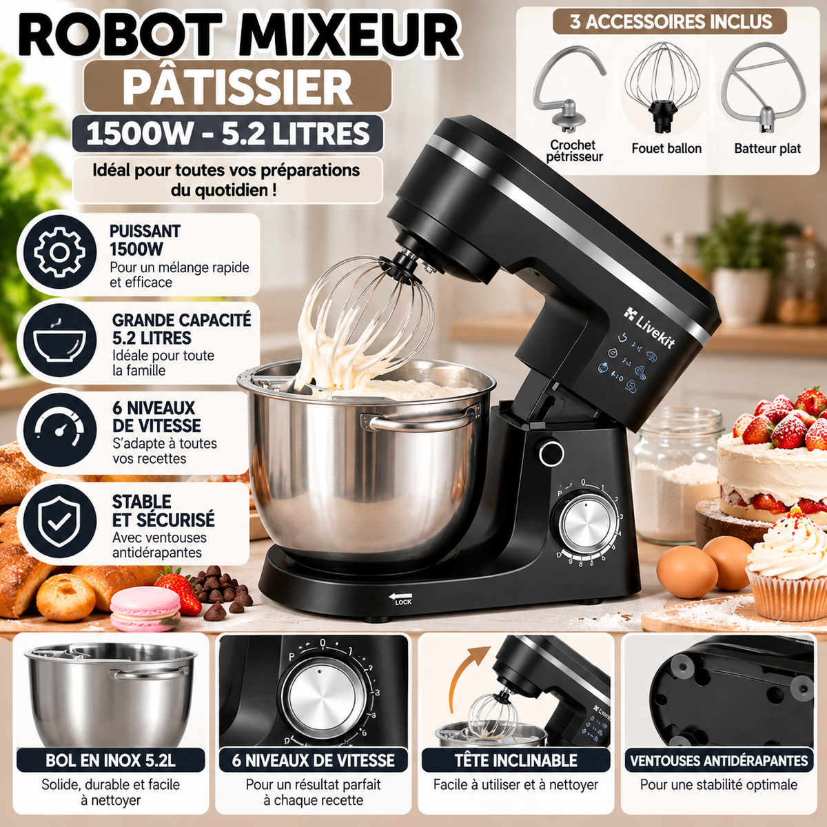 Robot pâtissier multifonction 1500W – Bol inox 5,2 L