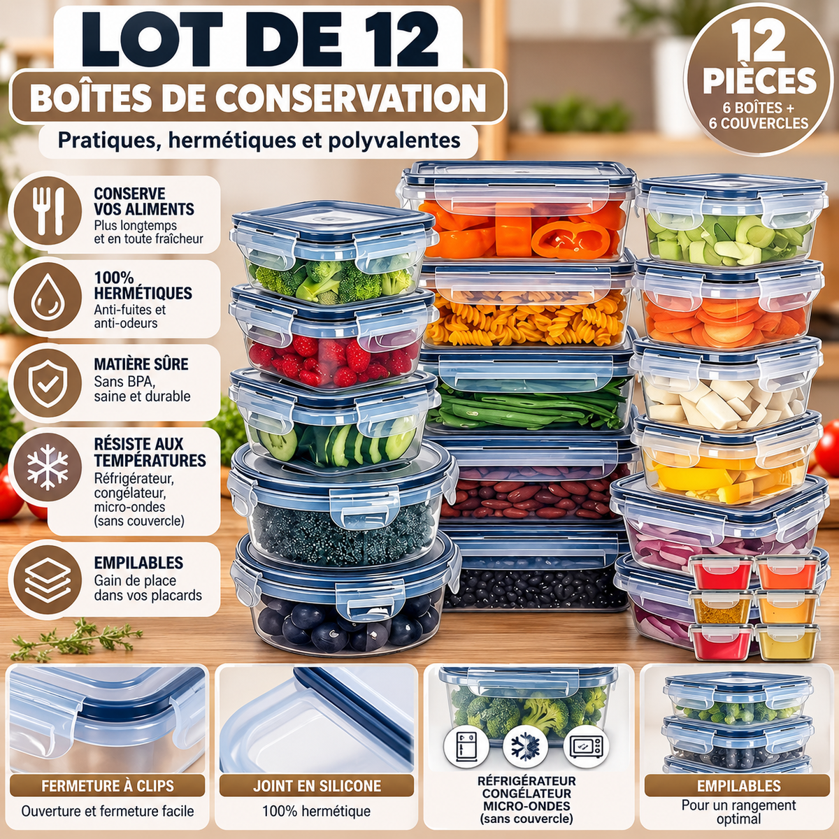 Lot de 12 boîtes de conservation alimentaire hermétiques