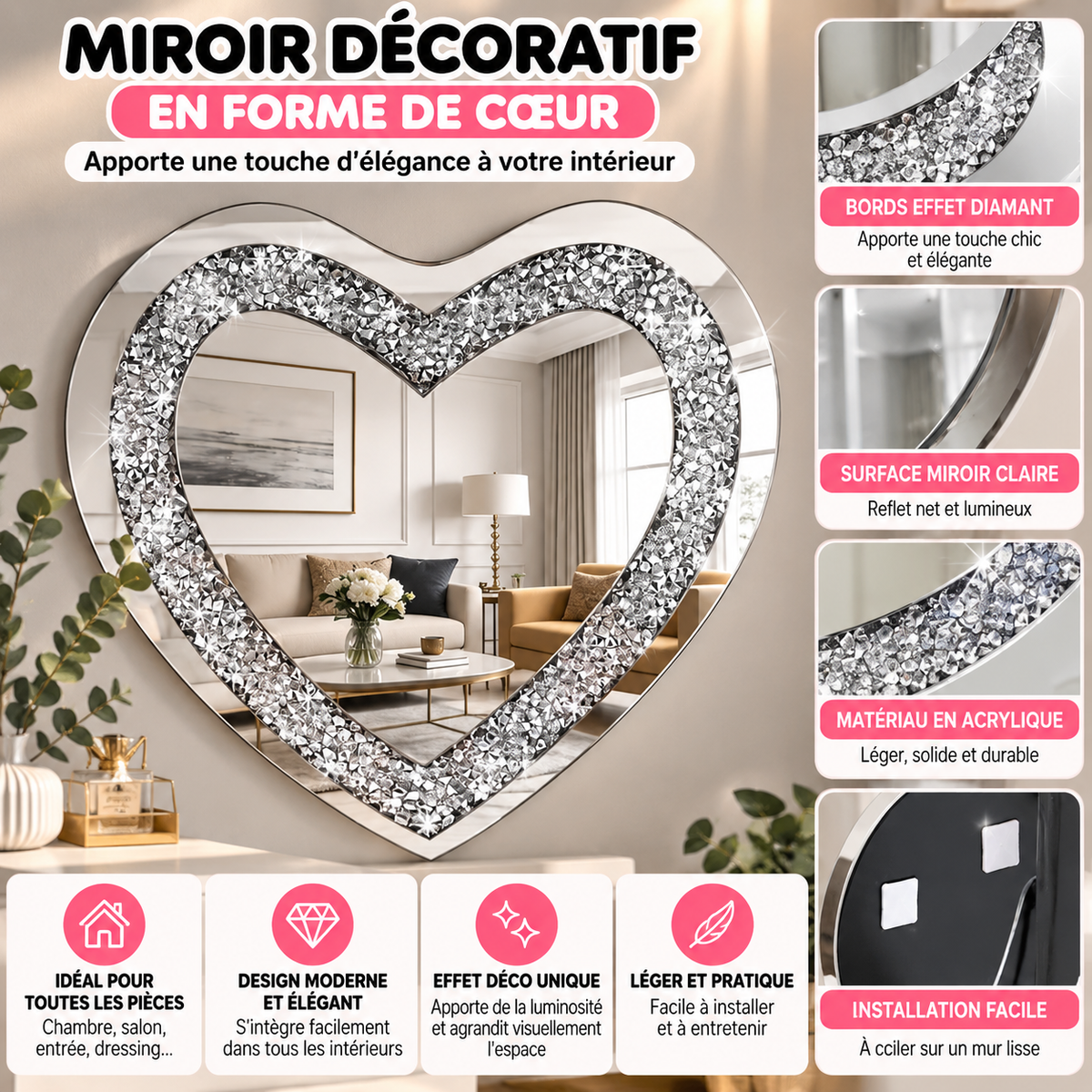 Miroir décoratif mural en forme de cœur effet diamant