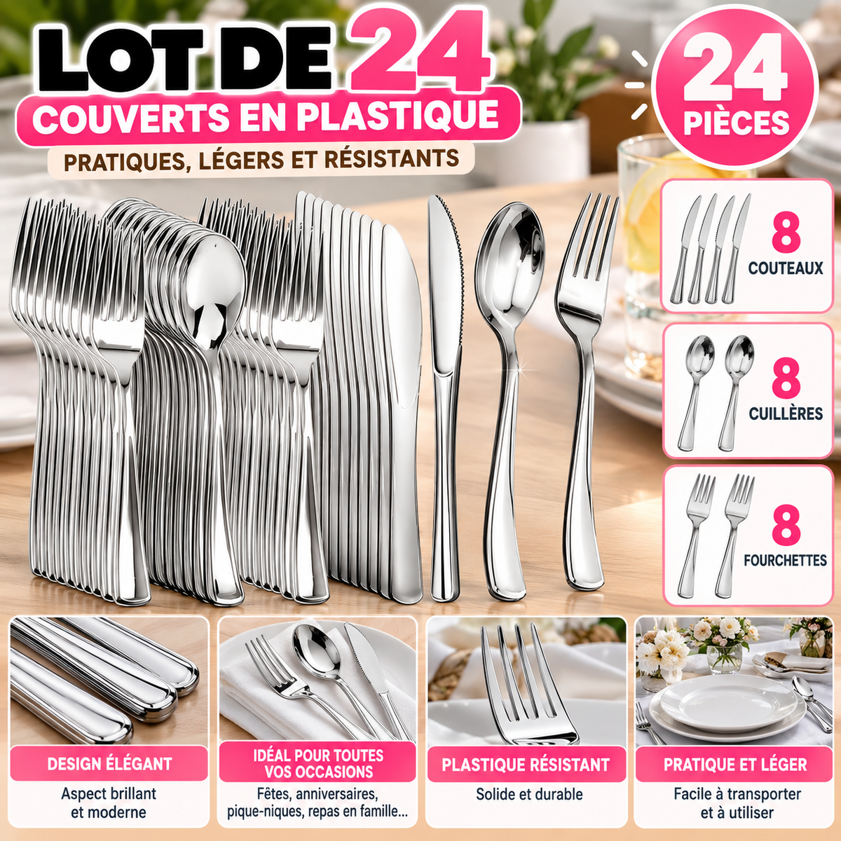 Lot de 24 couverts en plastique – 8 couteaux, 8 fourchettes et 8 cuillères