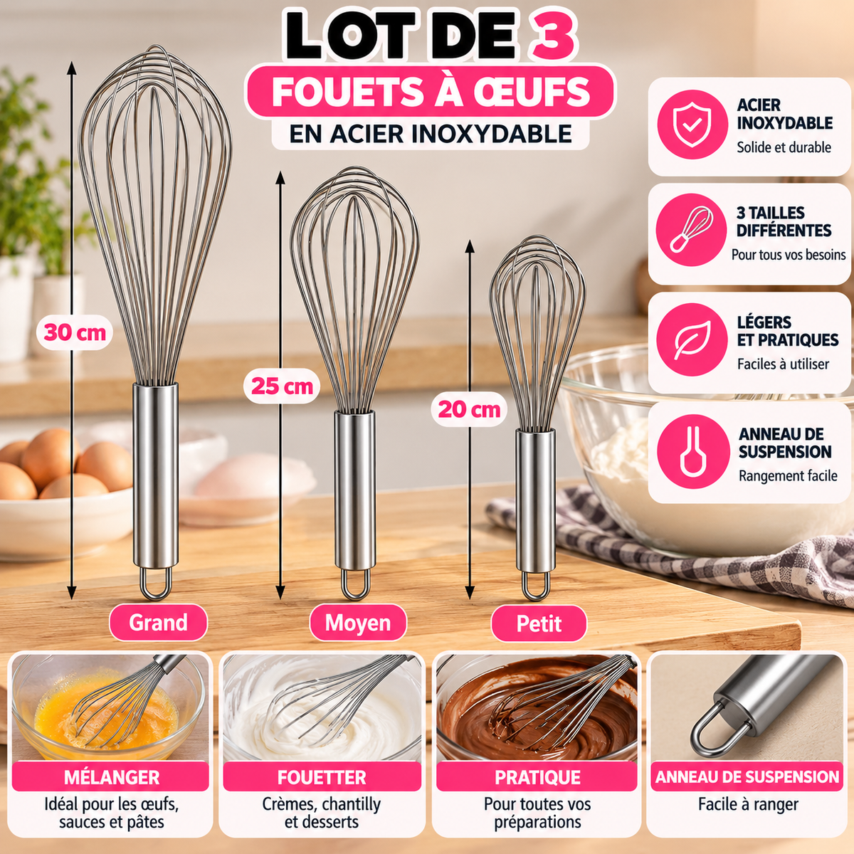 Lot de 3 fouets à œufs en acier inoxydable – 3 tailles