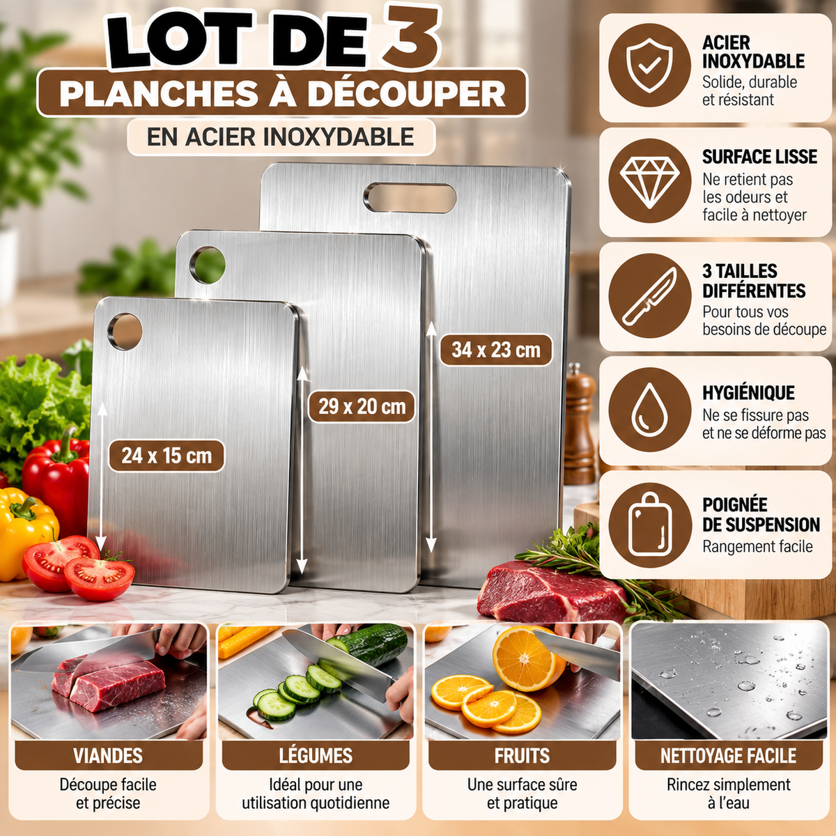 Lot de 3 Planches à Découper en Acier Inoxydable