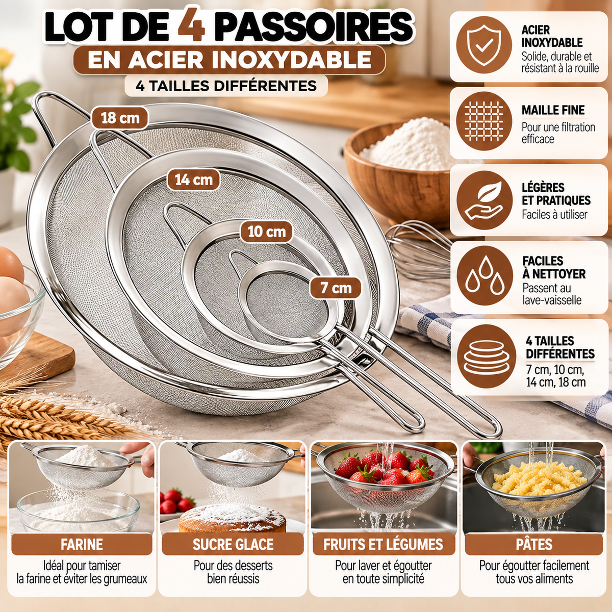 Lot de 4 Passoires à Mailles Fines en Acier Inoxydable