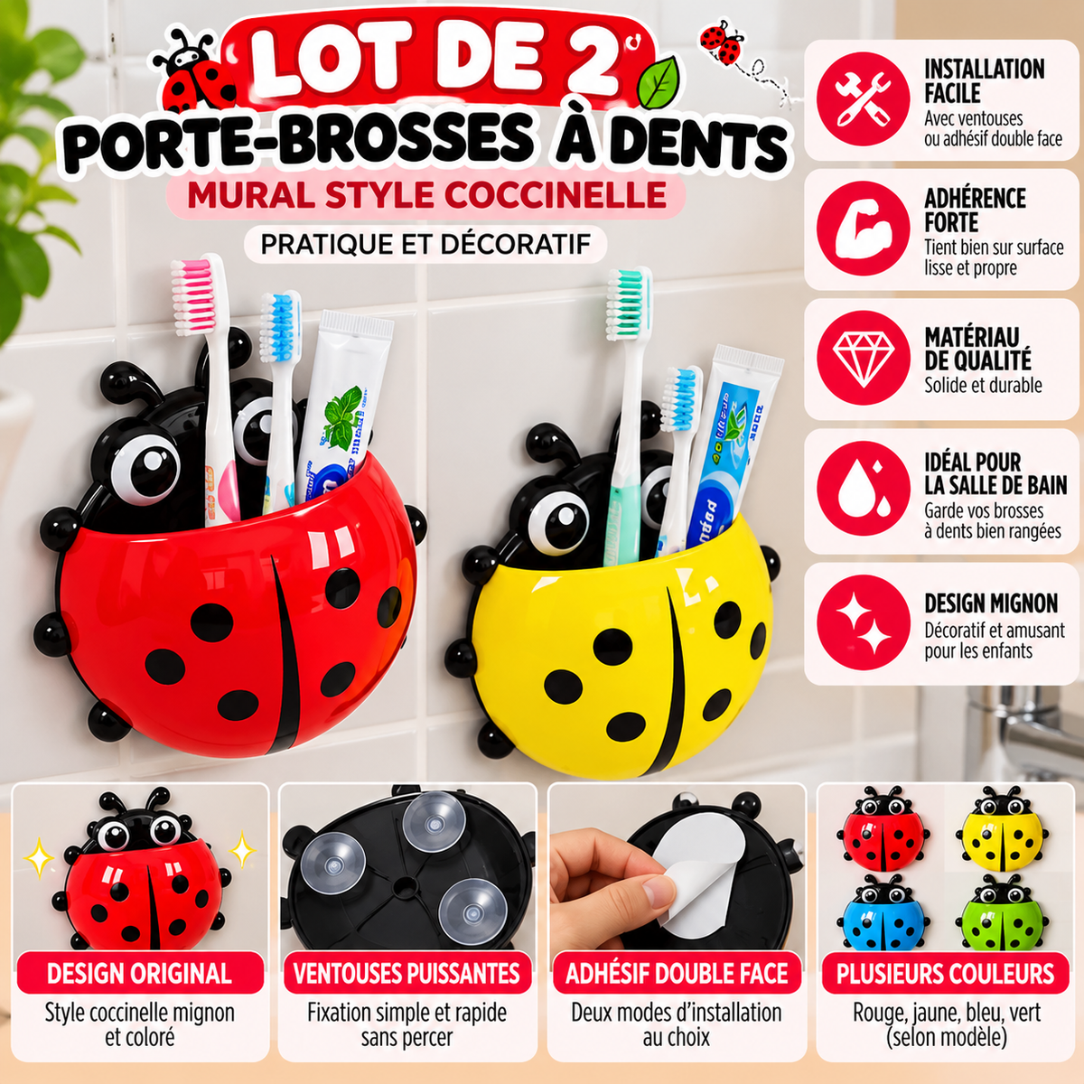 🐞 Lot de 2 porte-brosses à dents Coccinelle