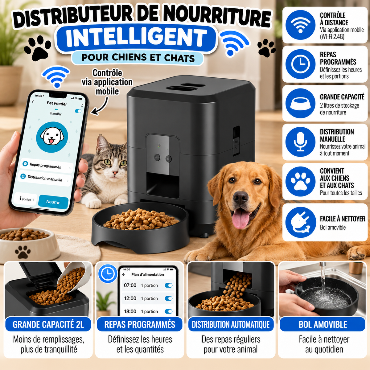 Distributeur Automatique de Nourriture Intelligent 2L pour Chiens et Chats