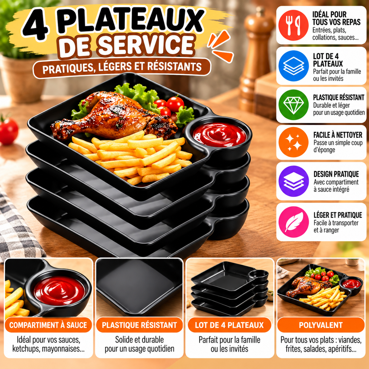 Lot de 4 plateaux de service avec compartiment à sauce