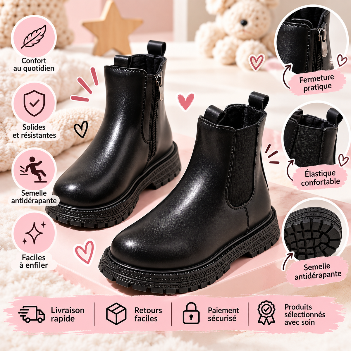 Bottines noires enfant à semelle antidérapante