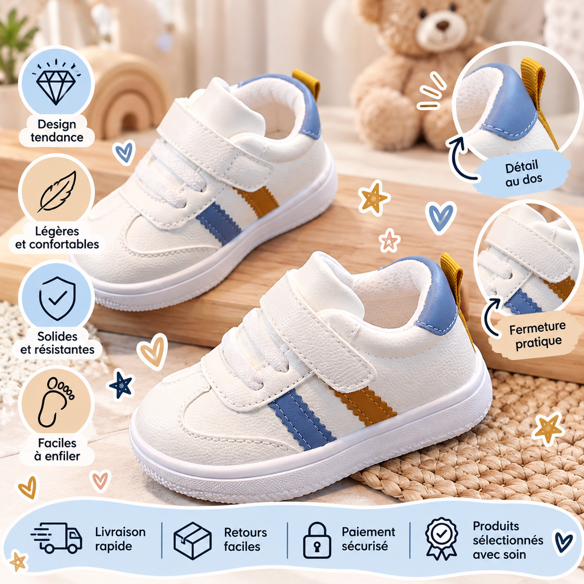 Baskets blanches enfant à scratch – Bleu ciel & doré