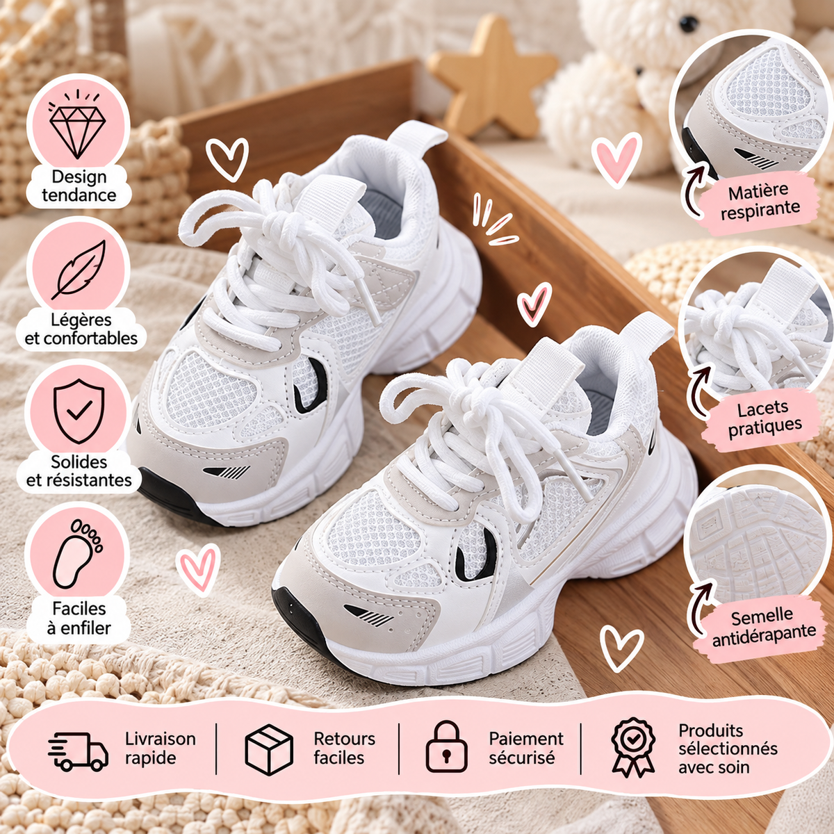 Baskets blanches enfant tendance et confortables