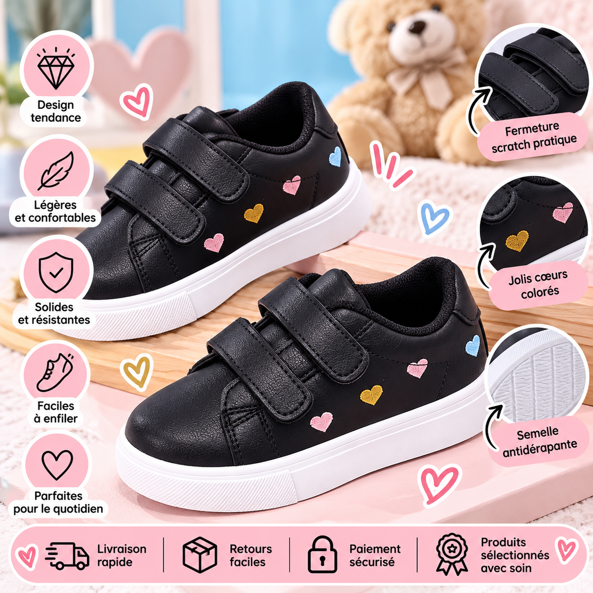 Baskets noires enfant à scratch – Cœurs colorés