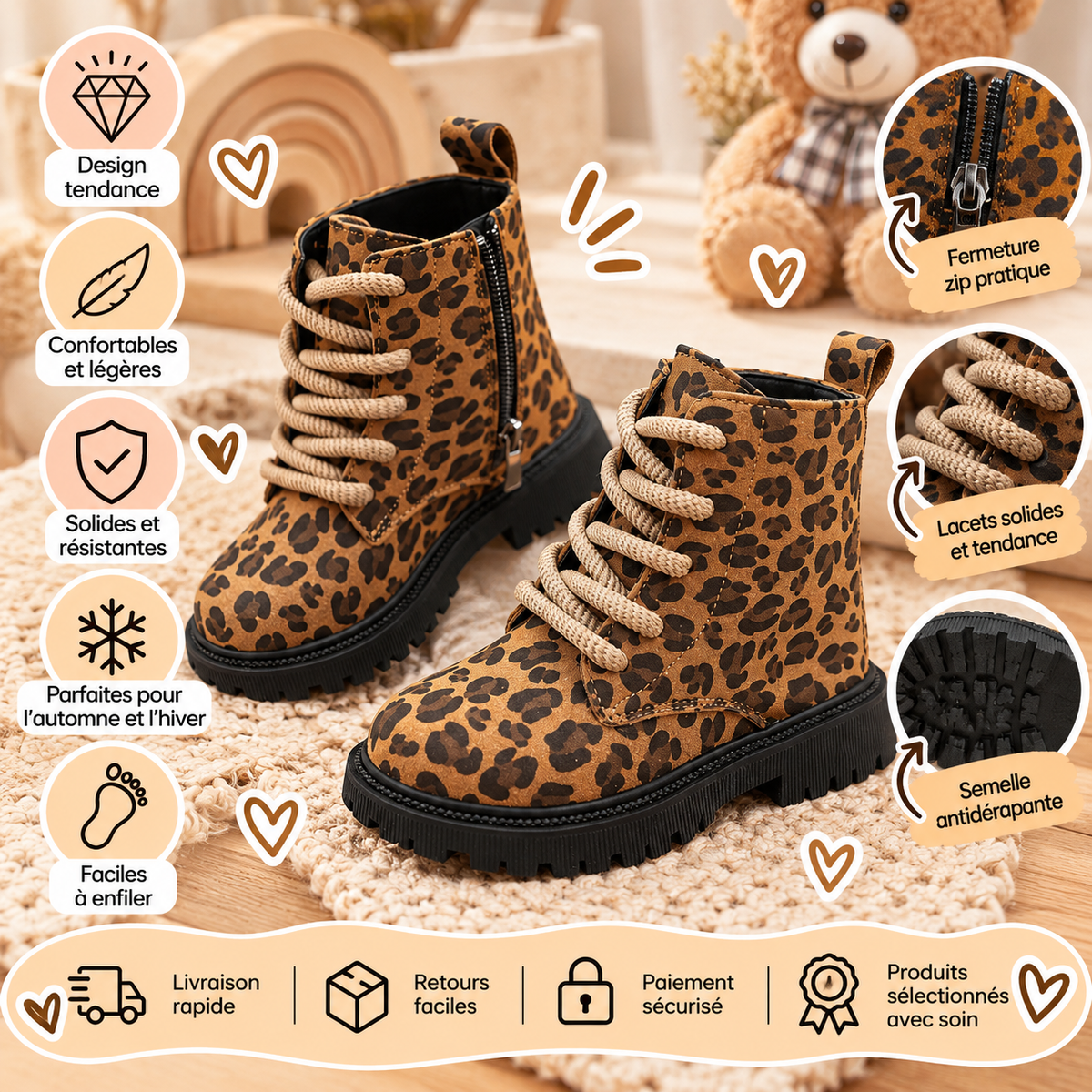 Bottines léopard enfant à lacets – Semelle antidérapante