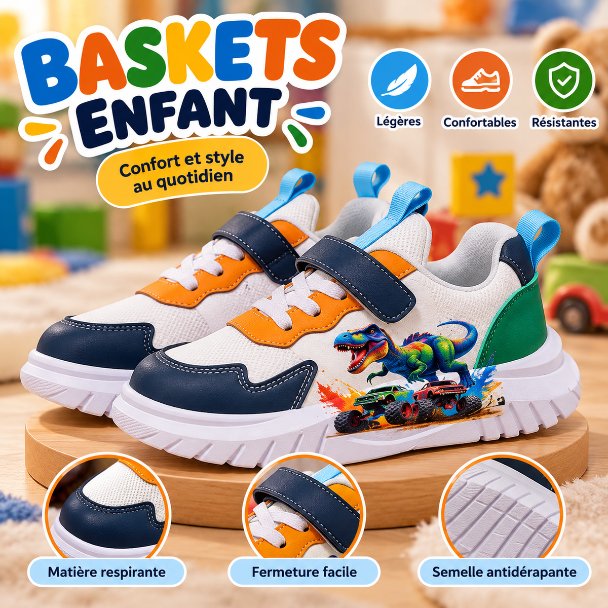 Baskets Enfant Dino & Véhicules – Confortables et Légères