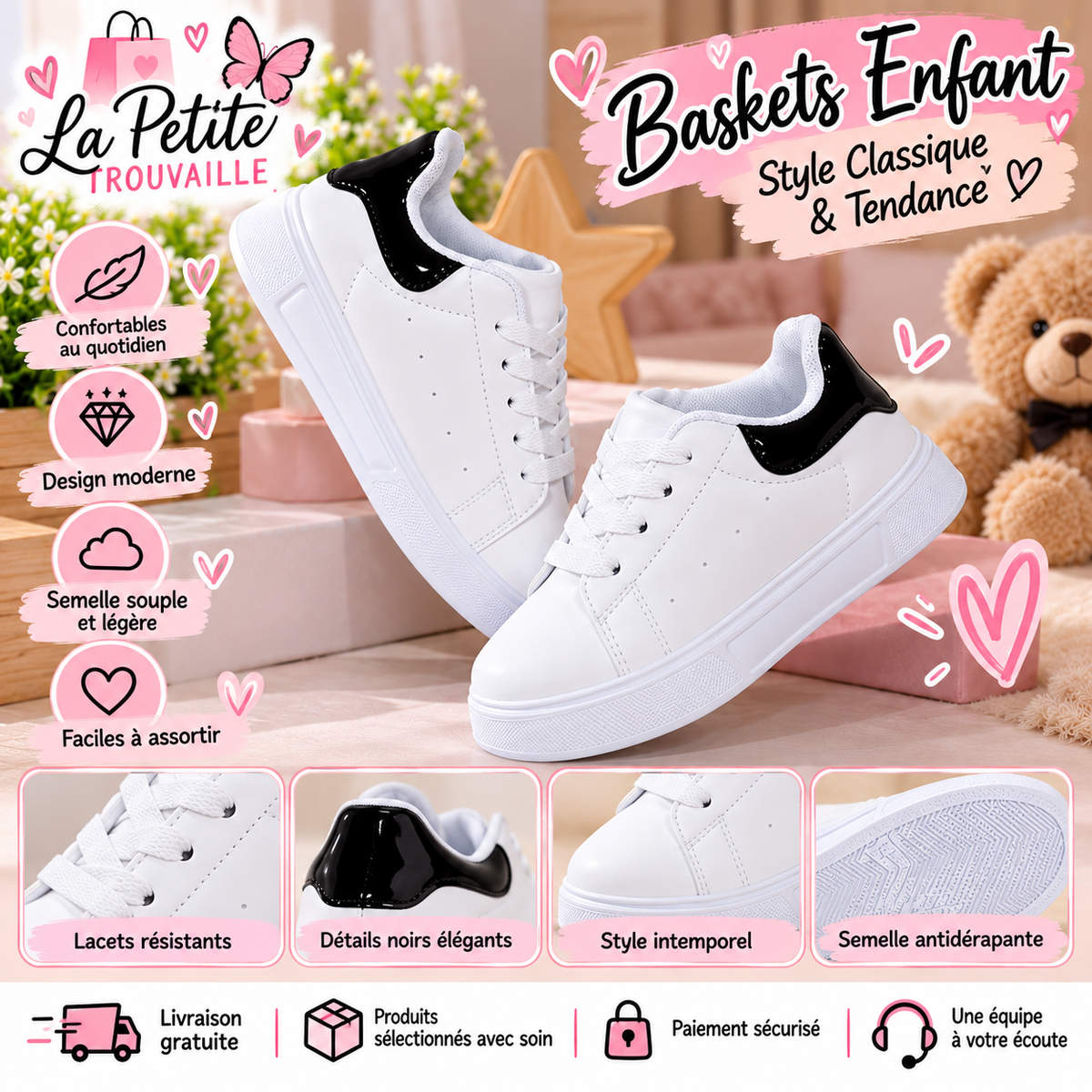 Baskets Enfant Blanches à Détails Noirs – Style Tendance