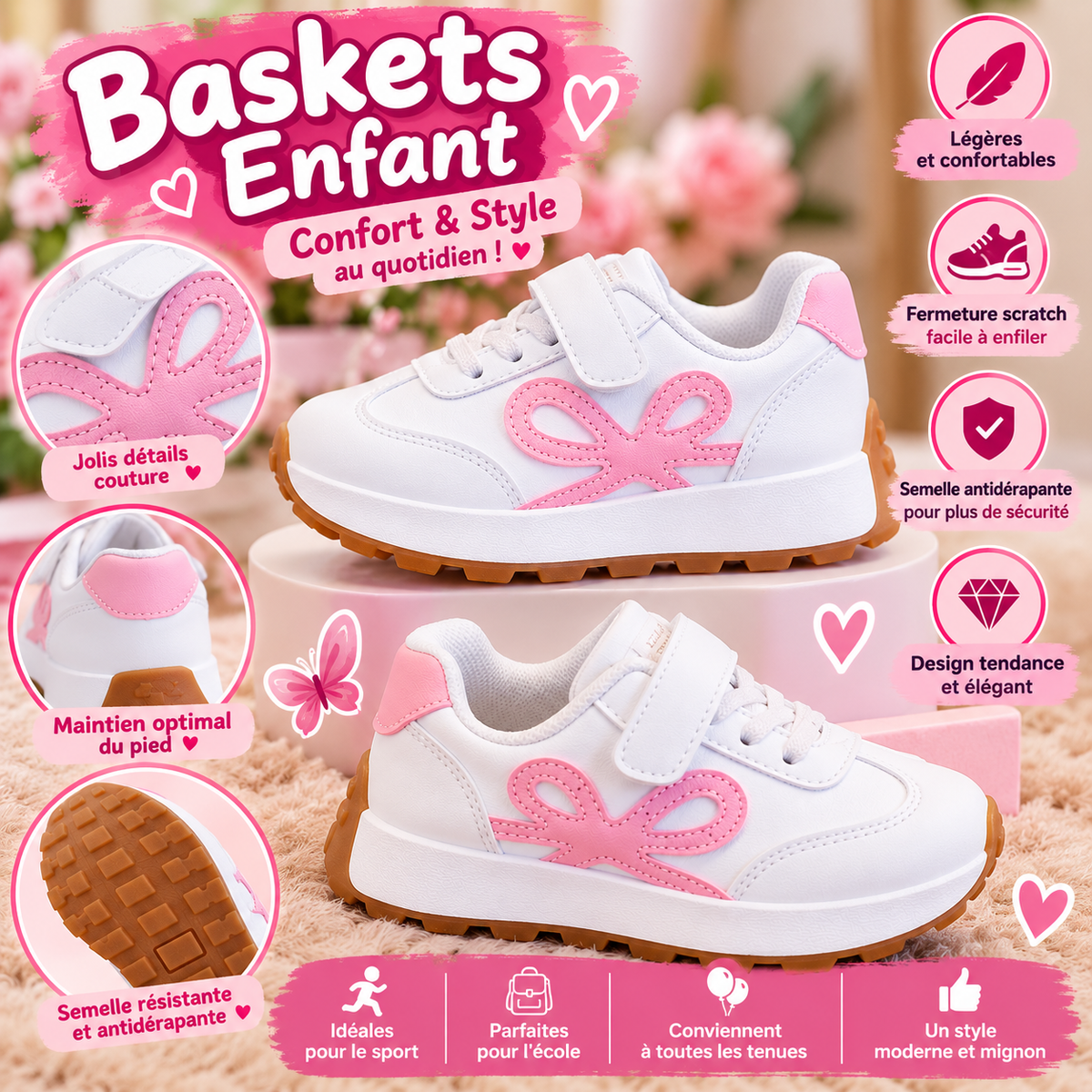 Baskets Enfant Blanches & Roses à Scratch – Confort & Style