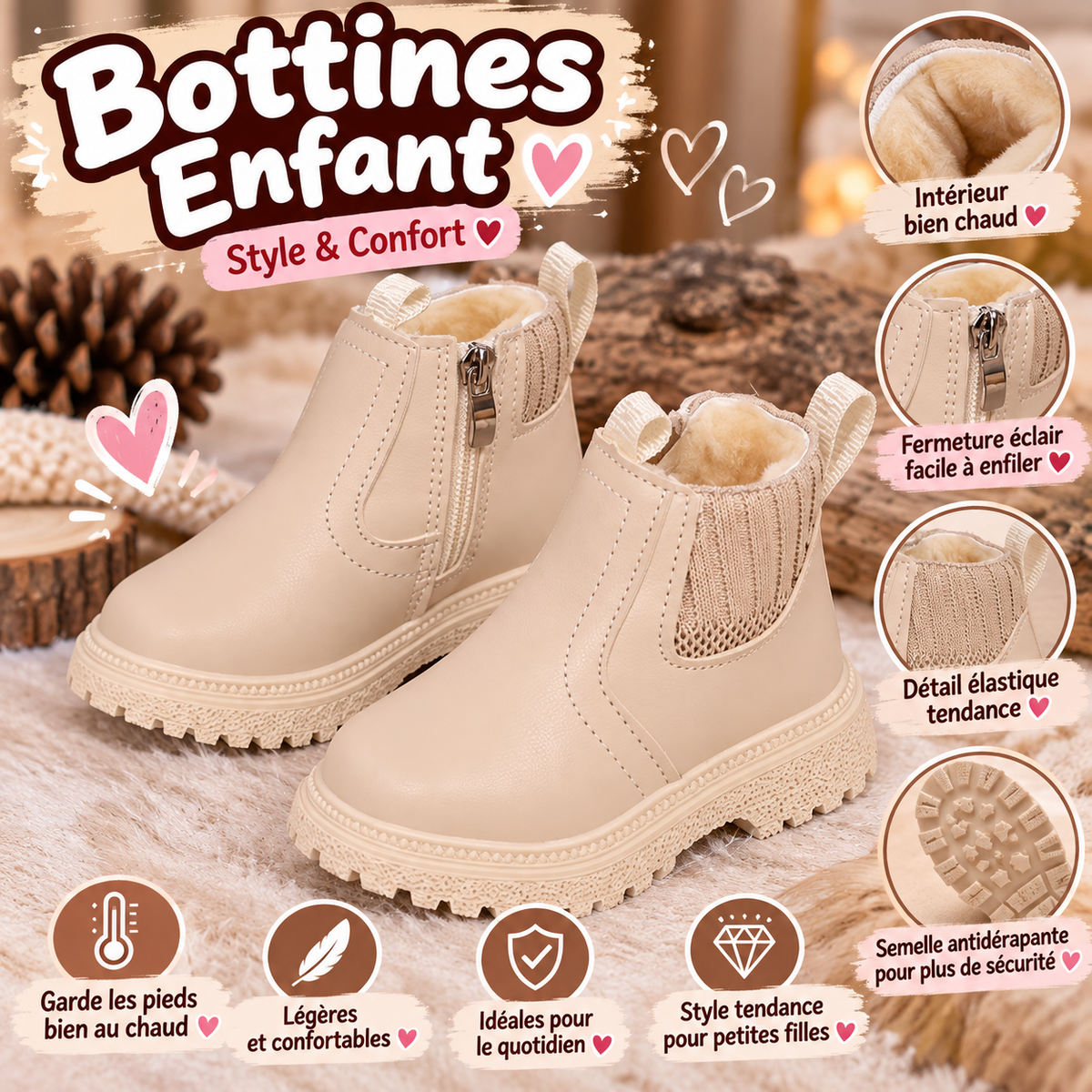 Bottines Enfant Beige Fourrées – Chaudes & Confortables