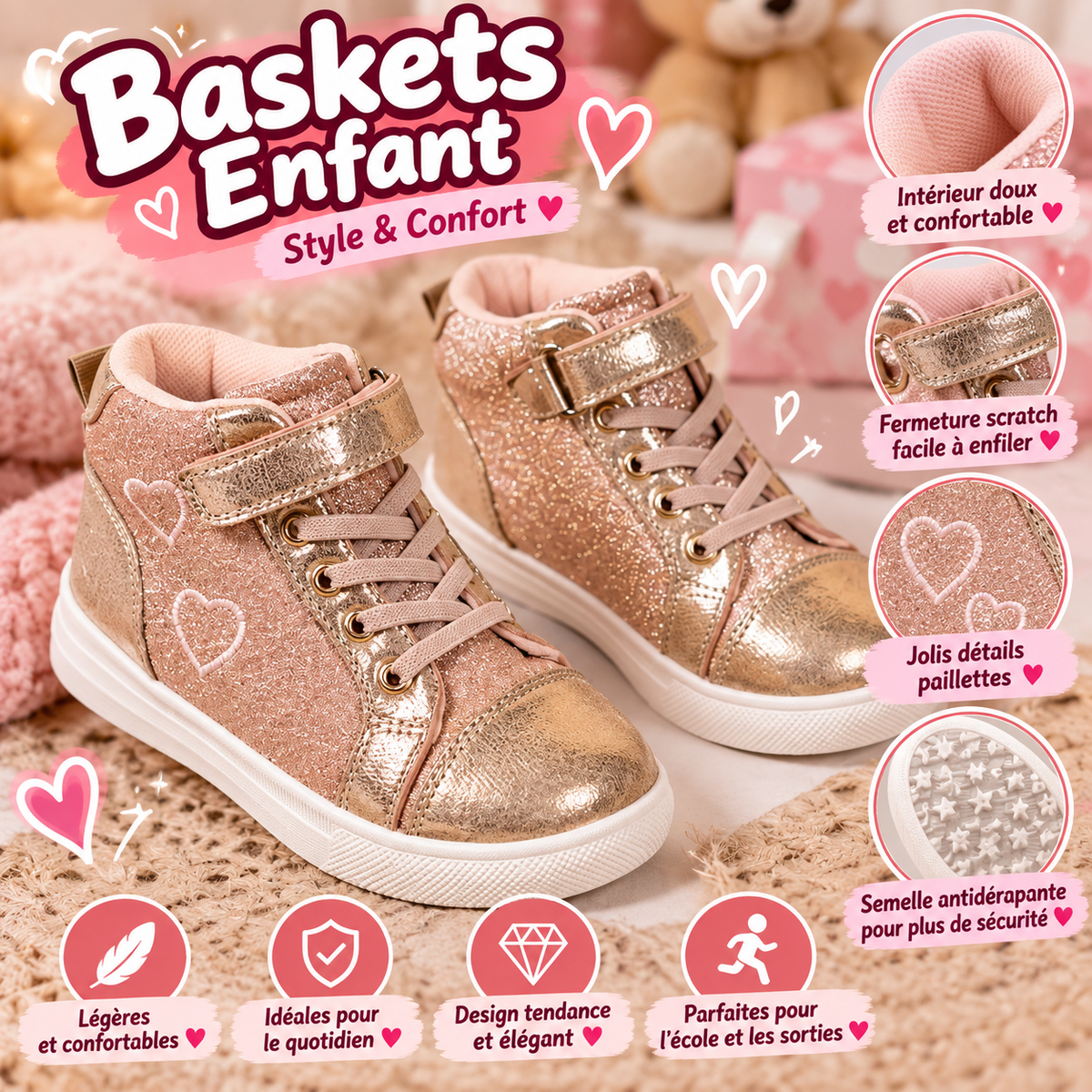 Baskets Montantes Enfant Rose Doré Pailletées – Style & Confort